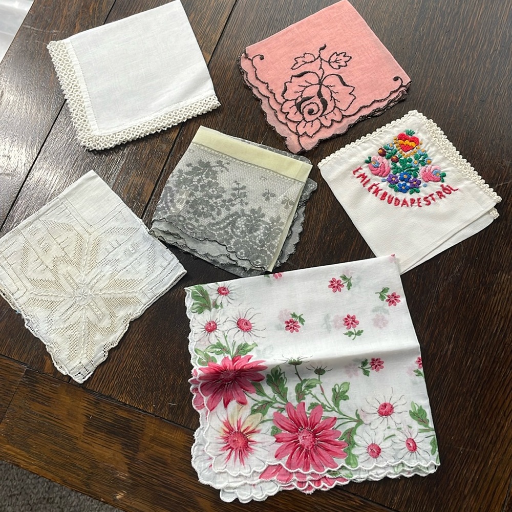 6 vintage/antique handkerchiefs, various fabric, linen, polyester, cotton,